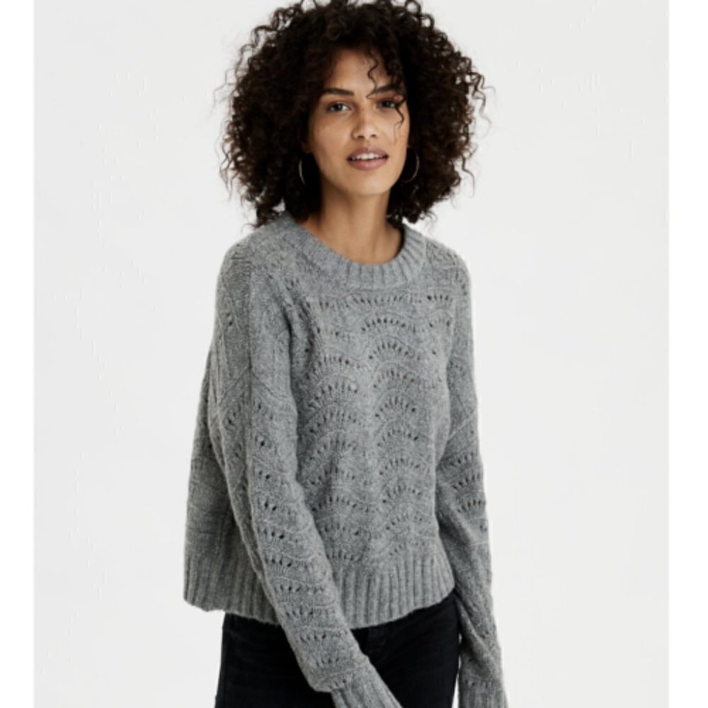 American Eagle Women's Size XS Pointelle Crew Neck Sweater Gray Open Knit